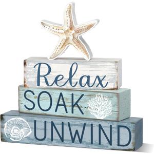 Cinnvoice 4 Pcs Coastal Beach Bathroom Decor Farmhouse Bathroom Decoration Relax Soak Unwind Table Centerpiece Gift for Christmas Valentines Back to School