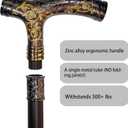 Walking Cane for Men & Women - 36.5 inch Heavy Duty 500+ lbs Capacity, Ergonomic Handle, Decorative & Ornate Fancy Design, Gothic & Goth Elegant Matte Black & Gold Artistry, Metal Cane
