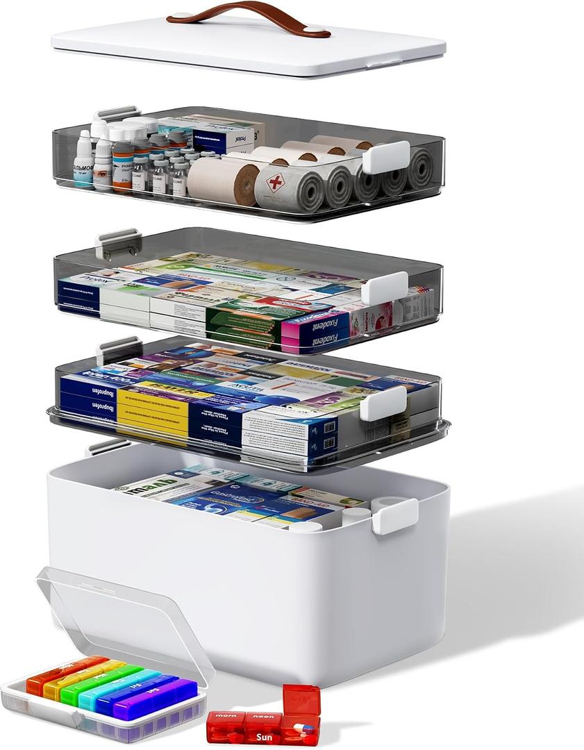 4-Tier Medicine Cabinet Organizer with Leather Handle, Empty Plastic First Aid Kit, Multipurpose Storage Box with A Portable Weekly Pill Organizer for Family Emergencies, Home, 4C box + 7-day pill box set