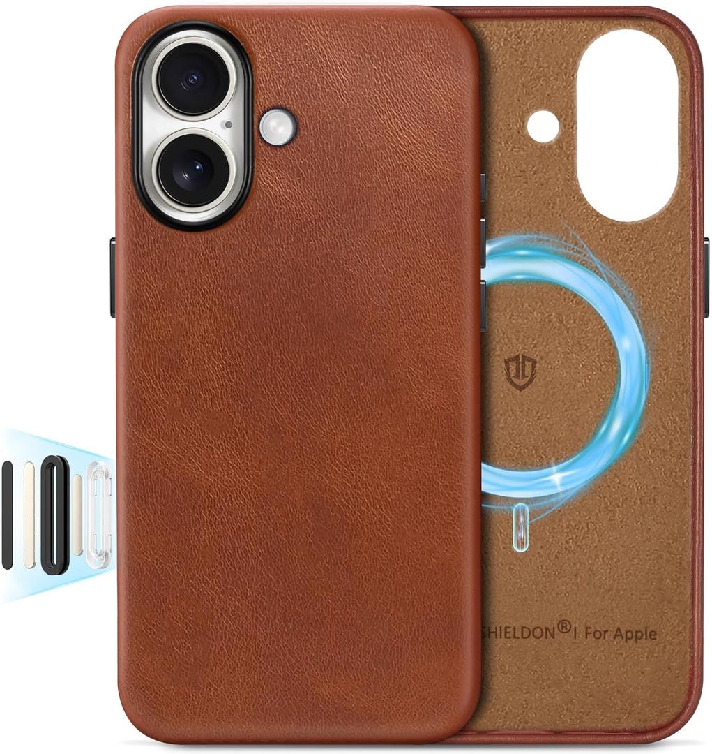 SHIELDON Genuine Leather Case for iPhone 17 6.3" 2025, Compatible with Magsafe, [Updated Camera Button], Magnetic Wireless Charging, Camera Bezel, Slim Fit Shockproof Protective Cover - Retro Brown