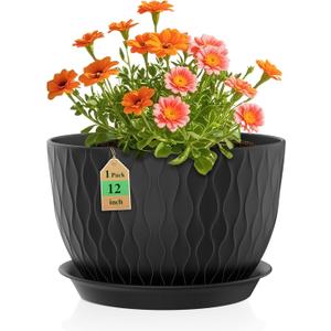12 Inch Large Plant Pots for Indoor or Outdoor Plants, Wide Water Ripples Flower Pots with Drainage Holes & Saucer, Plastic Planters Set for Garden & Home Decor (Black)