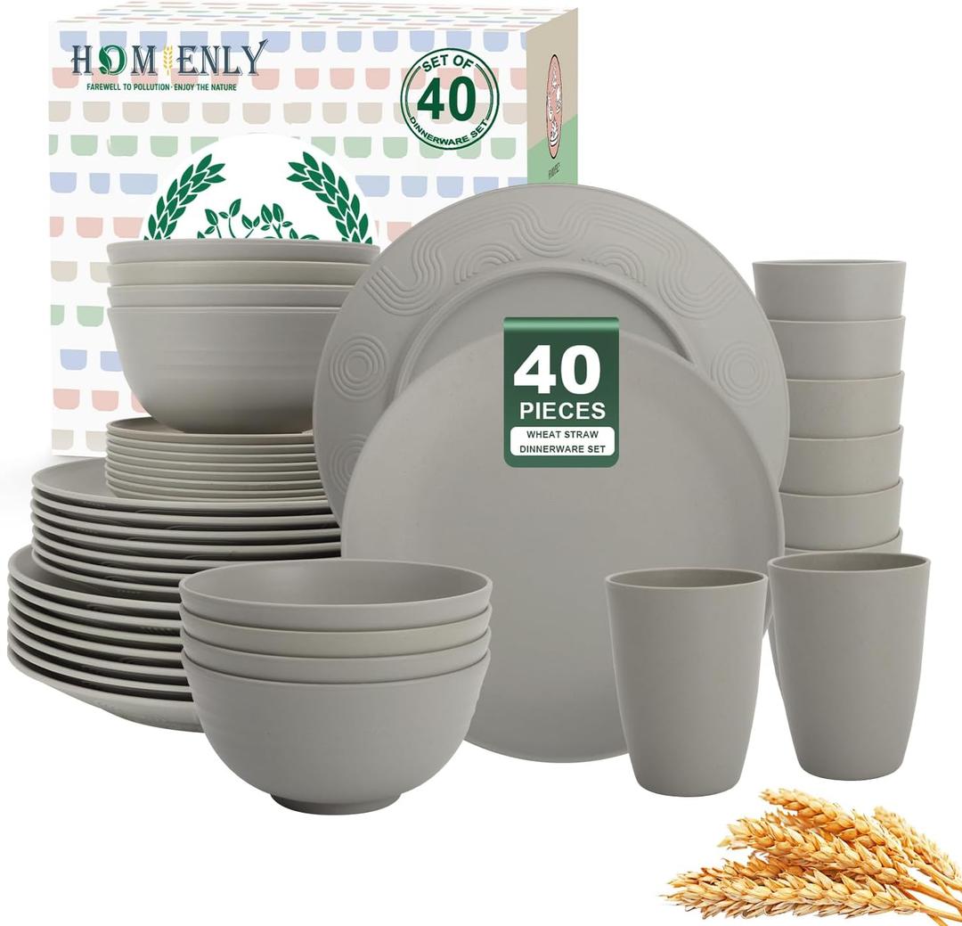 Homienly 40-Piece Wheat Straw Dinnerware Sets, Non Breakable Dinnerware, Cups, Plates and Bowls Sets for 8 - Microwave Dishwasher Freezer Safe, Grey