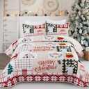 Drucon Queen Size Christmas Quilt Set - Tree, Deer, Snowman Printed Bedding - Lightweight Microfiber Coverlet - 90x96 inches (Cream)