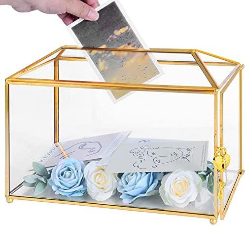 Ripprovt Glass Wedding Card Box with Lock, 12.6x5.9x9 inches Large Gold Card Boxes for Wedding Reception, Keepsake Display, Graduation, Party Centerpiece Decorative Box