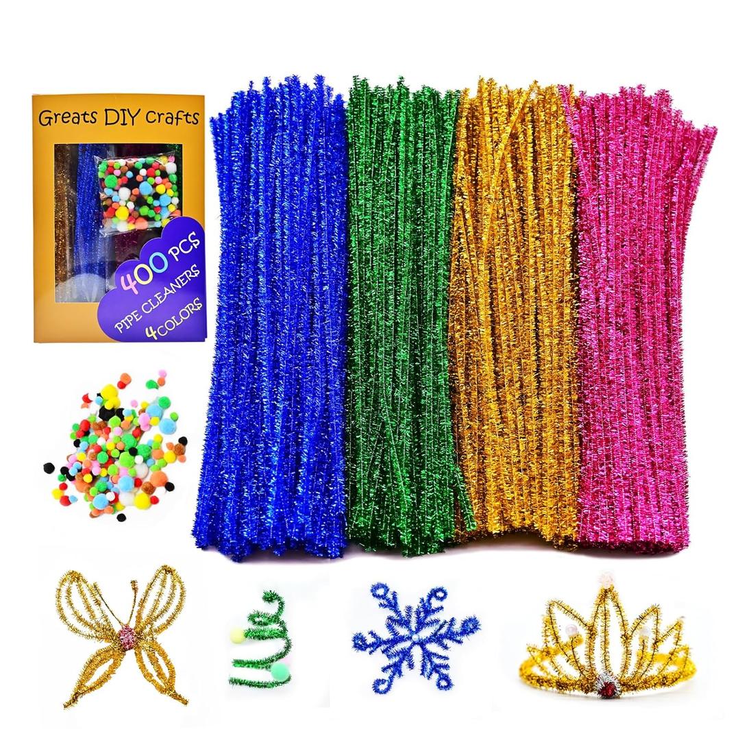 400Pcs Pipe Cleaners Craft Set(Including 130 PCS Mix Pompom), Glitter Pipe Cleaners with 4 Assorted Colors for Crafts,Glittery Chenille Stems, DIY Art Supplies Pipe Cleaners for Decorations
