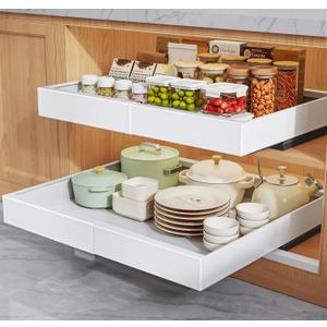 2 Pack Pull Out Cabinet Organizers 16.5" Deep With Raising Pad for Framed Cabinets,Expandable Slide Out Drawers Upgrade 3 Slide Rails,Roll Out Shelves,Adjustable Width 12.1"-20.45" White