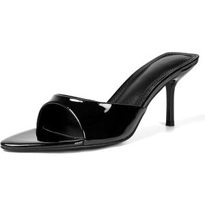 QIV Leopard Kitten Heels Pointed Toe Mule Heels for Women Open Toe Kitten Heel for Party Dressy Wedding (6.5, Black)