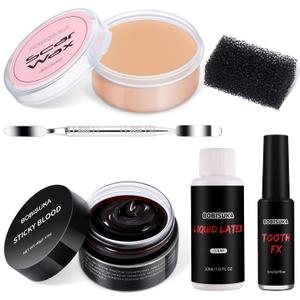 BOBISUKA 6 Piece Halloween SFX Special Effects Makeup Kit - Fake Blood Gel + Clear Liquid Latex + Black Tooth Paint + Modeling Scar Wax with Spatula Tool and Black Stipple Sponge All in One (Mluti-color)