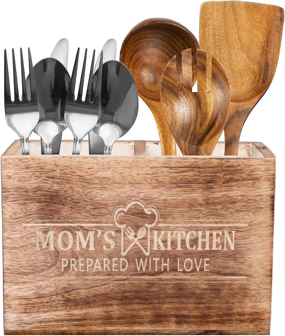 CHEF'S UNIQUE Wooden Utensil Holder For Countertop - Durable Cooking Utensils Holder - large Rustic Countertop Kitchen Dcor - Spatula Utensils And Spoons Organizer With Divider