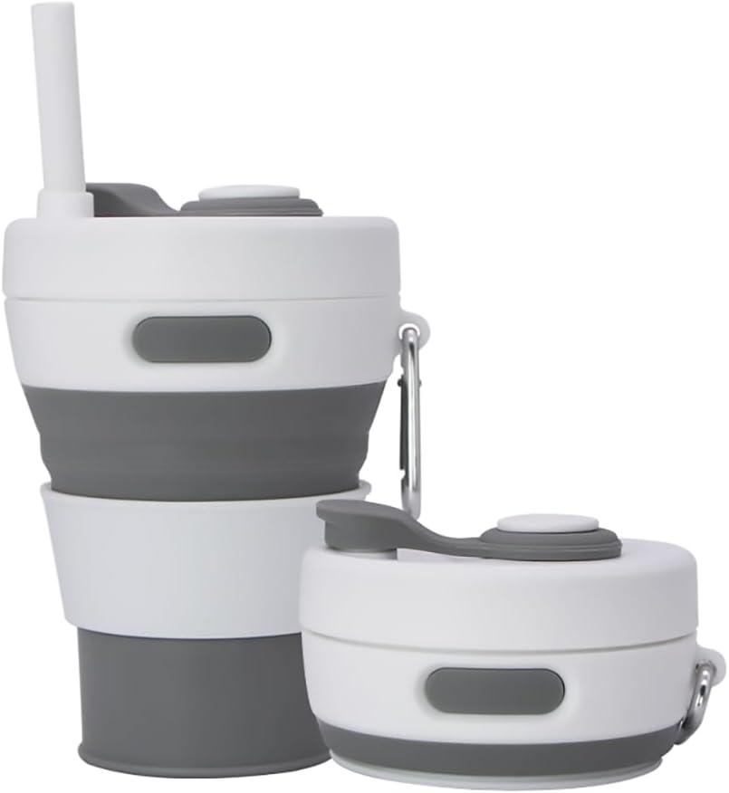 Collapsible Camping Cup with Straw Silicone Folding Coffee Cup Sport Bottle Portable Travel Outdoor Car 16oz 20oz (Grey)