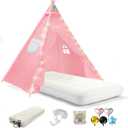 Teepee Tent for Kids with Inflatable Airbed, String Lights, Balloons, Pump, Washable Slumber Party Tent Indoor Outdoor for Girls Boys, Children Tipi Playhouse for Playtime and Sleepover (1 Pack, Pink)