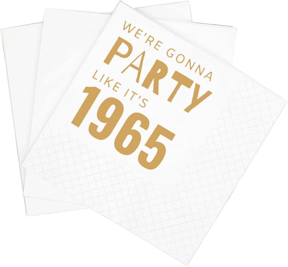 SharkBliss Funny 60th Birthday Cocktail Napkins, 100 Pack Gold We're Gonna Party Like It's 1965 Disposable Paper Beverage Cocktail Napkins for Women Her 60th Birthday Party, 2-Ply, 5x5" (1965 Gold)