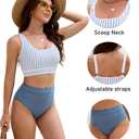 BMJL Women's High Waisted Bikini Sets Sporty Two Piece Swimsuits Color Block Cheeky High Cut Bathing Suits(M,Blue Striped)