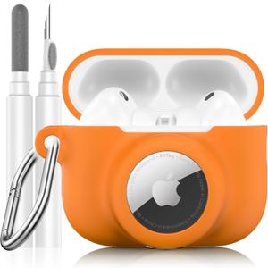 2 in 1 Silicone Case Compatible with AirPods Pro 3 and AirTag 2/1, Shockproof Protective Case Cover for AirPods Pro 3rd Generation 2025 with Cleaner Kit & Carabiner (Orange)