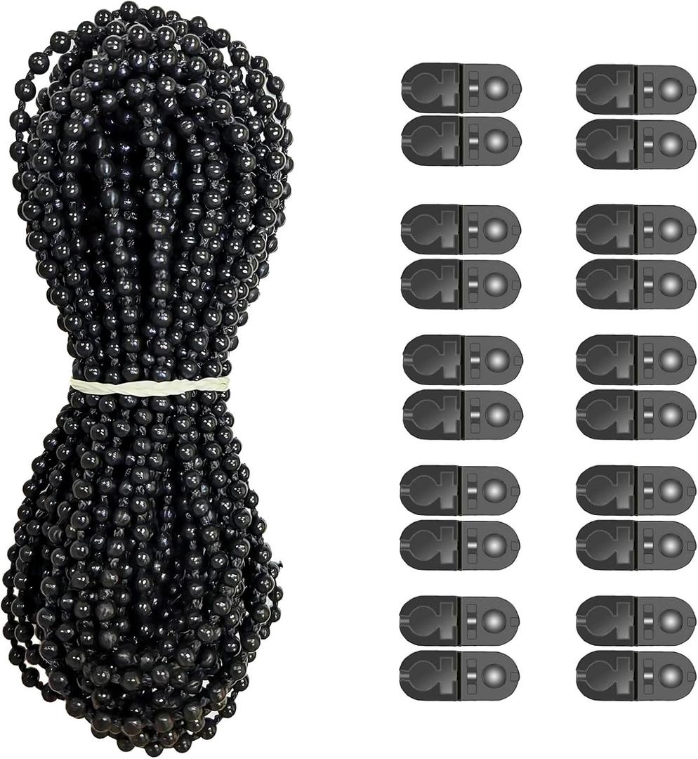 Plastic 10 Meters Blinds Beaded Chain Cord - Vertical Roman Roller Shade Blind Ball Chain Repair with 10 pcs Connector Clips Thickened Version (Black)