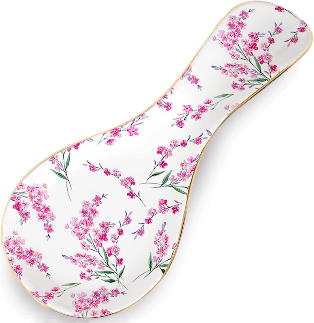 Ceramic Spoon Rest for Stove Top Kitchen Counter Large Spoon Holder Farmhouse Floral Flowers Print Coffee Spoon Cooking Utensil Tools Rest Modern Kitchen Decor (Pink Blossom)