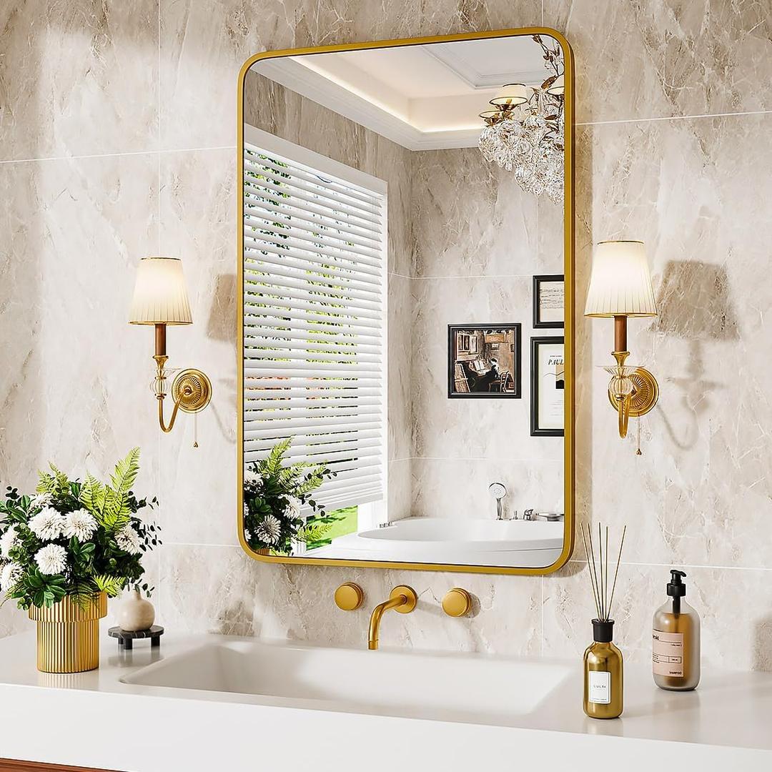 Gold Metal Framed Bathroom Mirror for Wall,22X30 Inch Rounded Rectangle Mirror, Matte Black Bathroom Vanity Mirror Farmhouse, Anti-Rust, Hangs Horizontally or Vertically