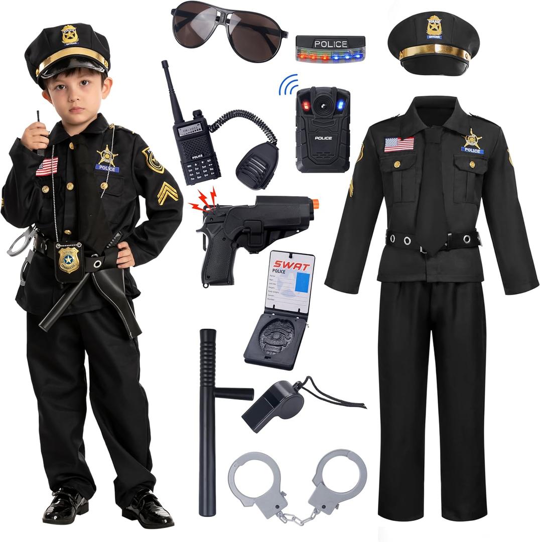 Spooktacular Creations 14PCS Halloween Police Costume for Kids, Police Officer Costume for Boys, Toddler RolePlay Party (Large(10-12yrs), Black)
