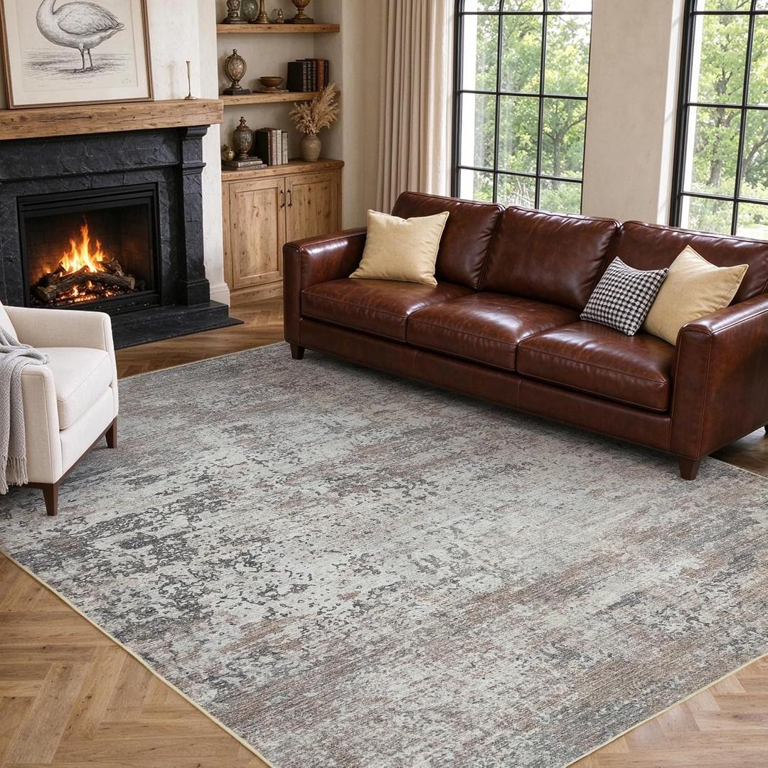 Sunhill 8x10 Washable Area Rug, Non-Slip Abstract Carpet Living Room Brown