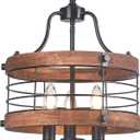 Farmhouse Wood Chandelier Vintage Ceiling Light, Modern Metal & Wooden Circular 3 Lights, Rustic Drum Hanging Chandelier with Adjustable Chain Light Fixtures for Dining Room Entryway Foyer(Black)