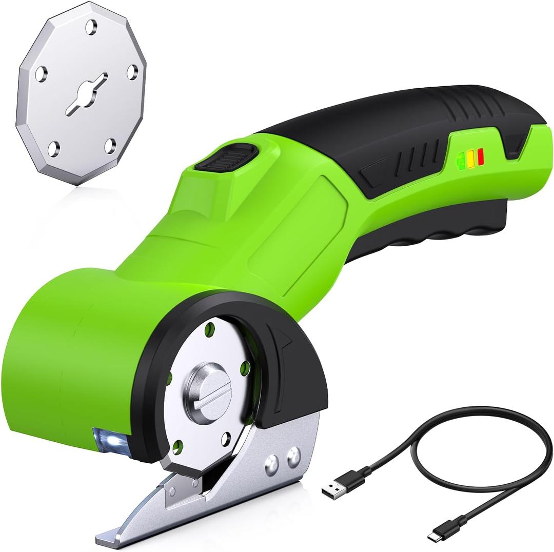 Cordless Electric Scissors Laelr 4V Rechargeable Box Cutter with 2 Blades LED Light Safety Lock Powerful Cardboard Cutting Tool Electric Rotary Cutter for Fabric Cardboard Carpet Leather Felt Plastic