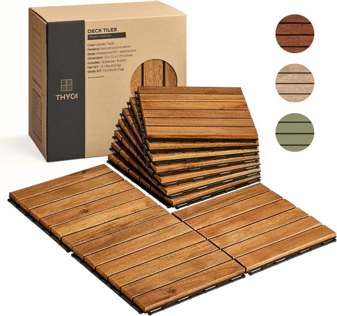 THYOI 10 Pcs Deck Tiles, Patio Flooring - Outdoor Waterproof Acacia Wood Tiles for All Weather Use - Balcony, Backyard, Indoor & Outdoor (Golden Teak Striped Pattern, 10 Square Ft)