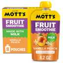 Motts Fruit Smoothies Vanilla Peach, 4.2 oz clear pouches, 8 Pack, Made With Milk, Made With Real Fruit, Good Source of Calcium, On-the-Go (EXP 06/03/26)