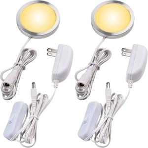 Single LED Kitchen Under Cabinet Puck Light, 120V Direct Wall Plug in Closet Cupboard Night Light, Easy to Mount, Inline On Off Switch, White Wires, 2 Packs, Warm White