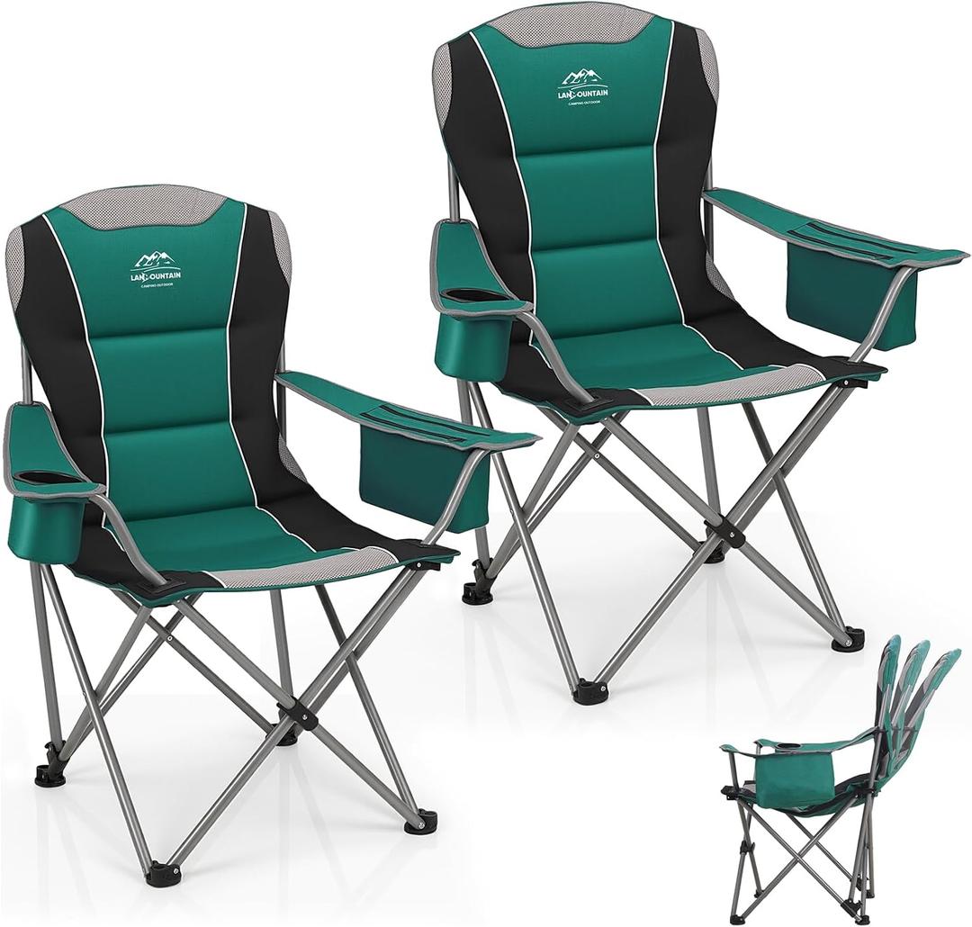 2 Pack Camping Chairs,Oversized Folding Lawn Chairs for Adults w/3 Levels Adjustable Angled Backrest,Cup Holders,Cooler Bag,Heavy Duty Camp Chair Support to 400lbs,Portable for Outdoor