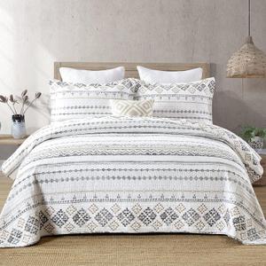 Finlonte King Quilt Set, King Size Cotton Quilt Sets, Boho Stripe Bohemian Geometric Bedspread for King Size Bed, White Grey Black Lightweight Bedding Set, Bed Quilt 3 Pieces