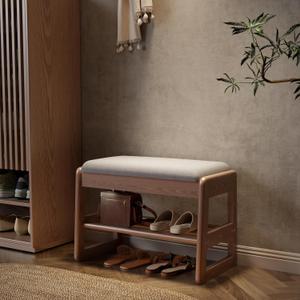 Small Shoe Bench with Cushion,2 Tiers Shoe Rack Bench with Flip-Top Storage,Wood Shoe Rack for EntrywayWalnut,23.62"