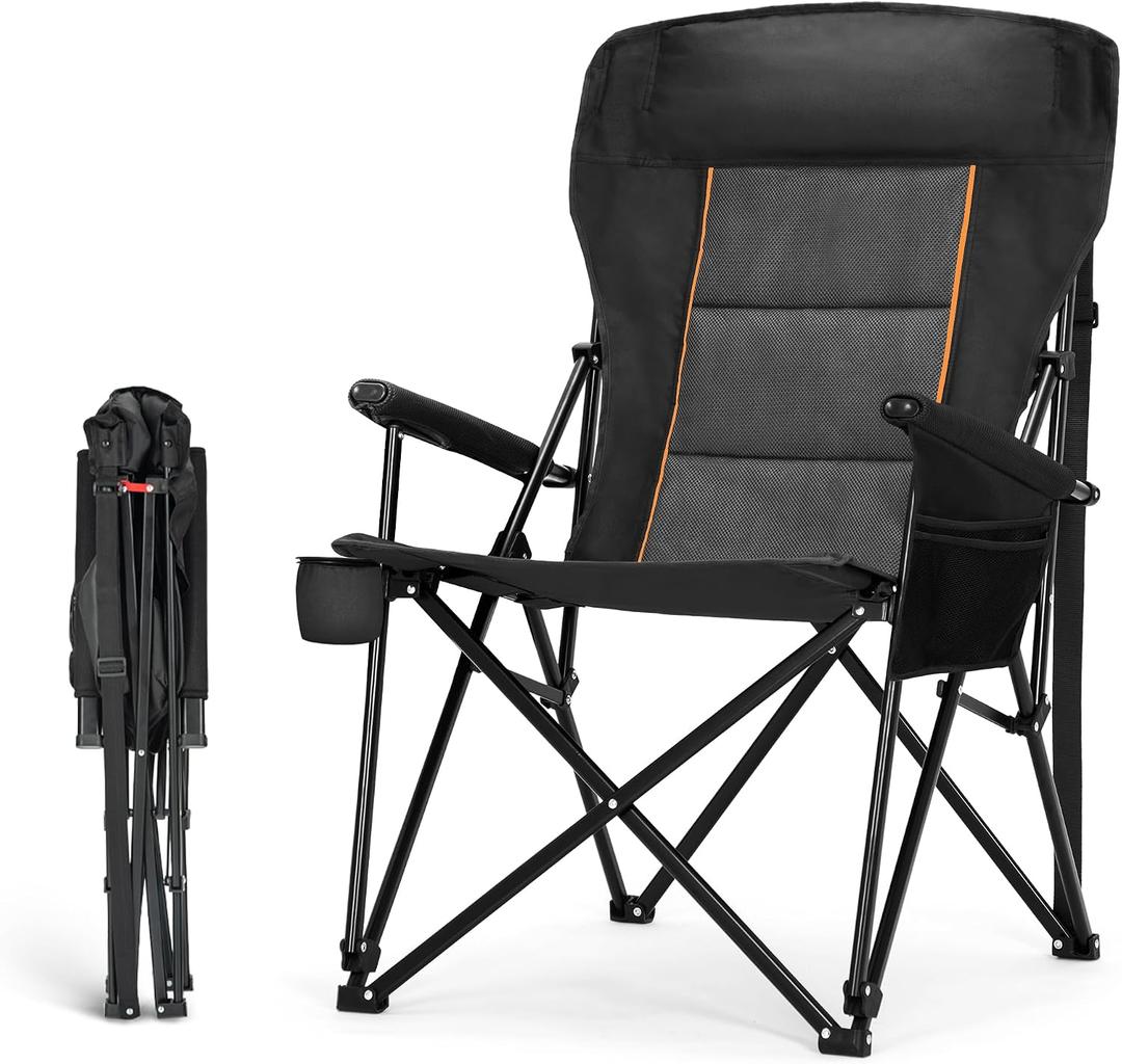 HIGH POINT SPORTS Oversized Folding Camping Chairs for Adults, High Backrest Heavy Duty Lawn Chairs Support 500 LBS Portable Collapsible Camp Chairs with Cup Holders,Side Pocket, Black
