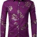 ZEROYAA Mens Hipster Gold Rose Printed Slim Fit Long Sleeve Dress Shirts/Prom Performing Shirts (Large, Z56-purple)