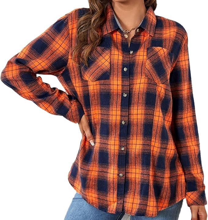 Women's Fall Winter Flannel Long Sleeve Button Down Casual Plaid Shirt XL Orange Navy