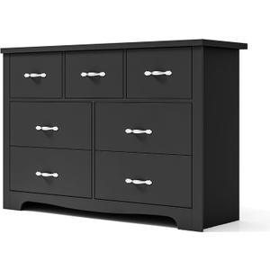 LINSY HOME 7 Drawers Dresser for Bedroom, Wood Bedroom Dresser Modern Drawer Chest, 7 Chest of Drawer, Tall Dresser for Closet, Dressers Organizer for Living Room, Closet, Hallway (Black)