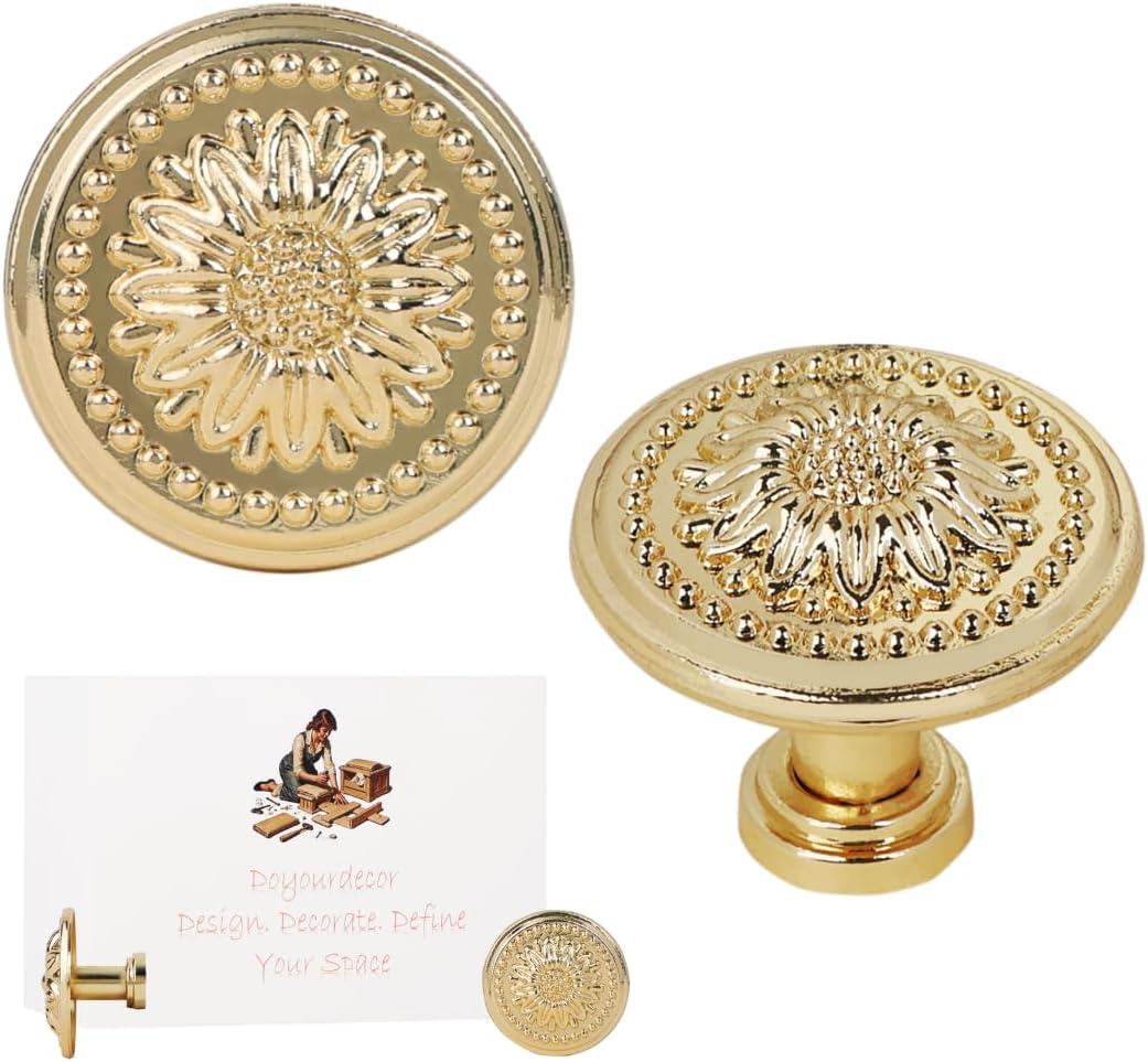 12 Pack Dresser Drawer Knobs -Hardware Flower Shape Design for Vintage Cabinets, Closet Drawers, Cabinet Pull Handles - Elegant Knobs for Dresser Drawers Upgrade (Sunflower2, Gold)