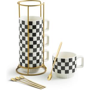 Stackable Coffee Mug Set of 4 with Rack 11 oz Tea Cup Set with Little Spoon for Coffee Tea Cocoa Milk, Checkered Black and White Pattern Coffee Mug for Housewarming Gift