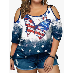 MNLYBABY Plus Size American Flag Shirt Women 4th of July Tee Shirt USA Stars Stripes T-Shirt Patriotic Cold Shoulder Tops 3 XL