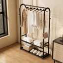 Sturdy metal clothes rack,Black freestanding clothing rack with bottom shelves and 6 side hooks,garment rack for hanging clothes,Modern wardrobe rack for Bedroom or cloakrooms