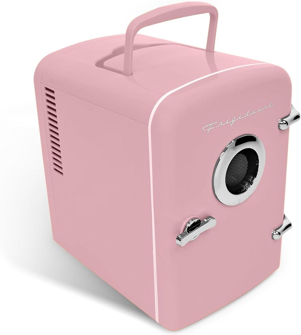 Frigidaire Retro Mini Compact Beverage Cooler, Great for Keeping Office Lunch Cool! (Built-in Bluetooth Speaker) (Pink)