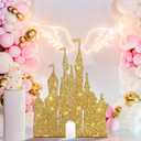 Seenelling Large Castle Backdrop Stand Wooden Castle Fairytale Princess Birthday Party Decoration Photobooth Backdrop Centerpiece Supplies for Birthday Party Decorations (Gold)