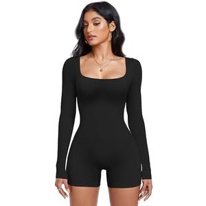 OLCHEE Womens Long Sleeve Workout Jumpsuit Square Neck Ribbed Seamless Yoga Romper Sexy Bodycon Tummy Control Unitard Onesie, Size L