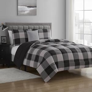 Sweet Home Collection 7 Piece Comforter Set Bag Solid Color All Season Soft Down Alternative Blanket & Luxurious Microfiber Bed Sheets, King, Buffalo Plaid Black/Gray (Pack of 4)