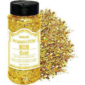HEMOER Gold Glitter, 100g/3.5oz Holographic Chunky Glitter Mixed Hexagon Chunky & Fine Flakes Iridescent Sequins for Epoxy Crafts, Resin, Nail Body, Tumblers, Party Decoration