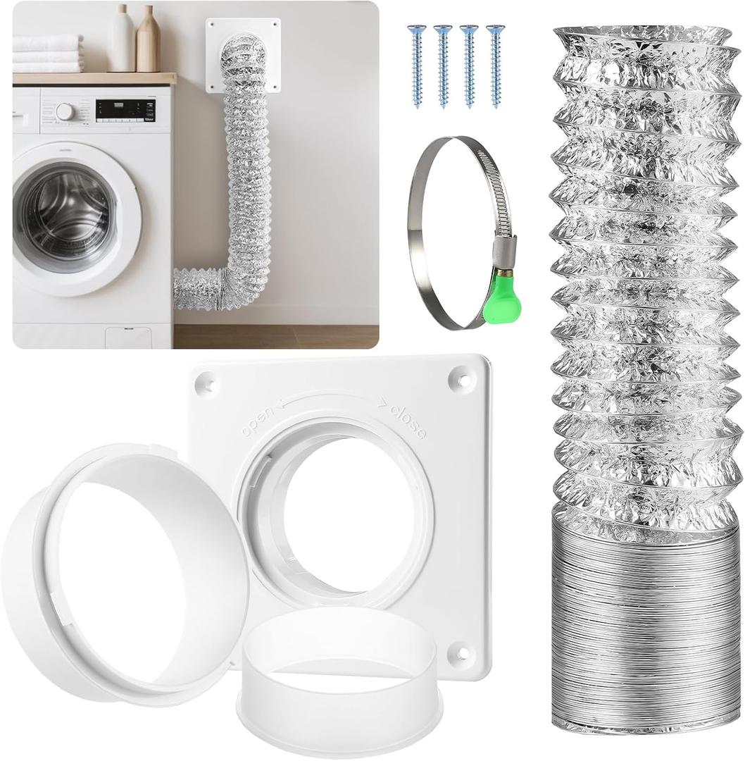 AGPTEK Dryer Vent Hose Connector Kit, 4" Diameter Dryer Duct, 8 ft Long, 7 x 7" Dryer Vent Wall Plate, Quick Connect and Disconnect, Fit 4 Inch Pipe, For Dryer Washer Bathroom Greenhouse Indoor