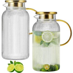 2 PACK Glass Pitcher with Lid, 68 oz/ 2 Liter Classic Vertical Stripes Water Pitcher with Handle,Glass Water Carafe for Cold Brew, Coffee, Lemonade, Iced Sun Tea,Beverage,Heat Resistant (Clear)