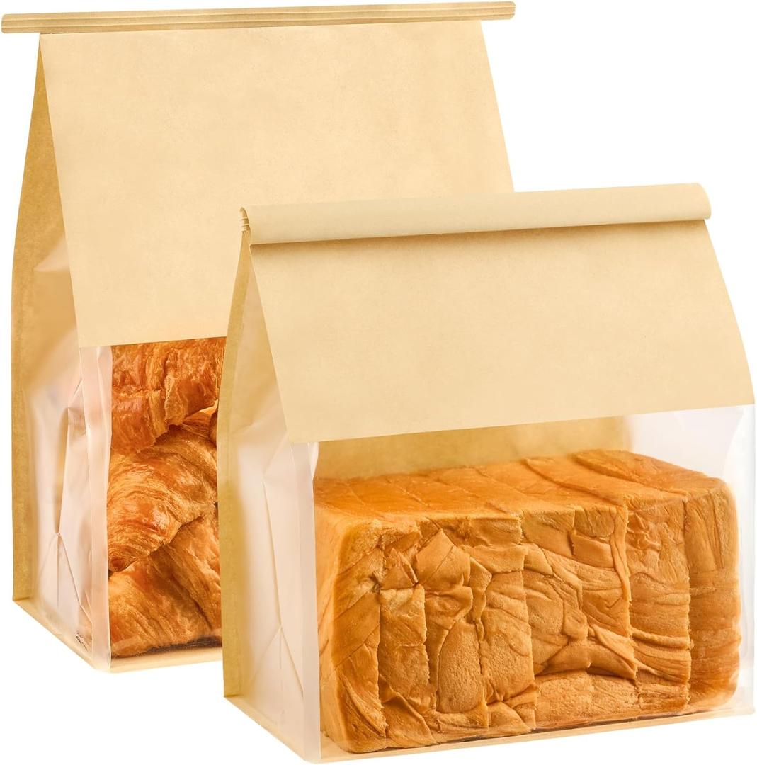 Ocmoiy 50 Pack Bread Bags for Homemade Breads, 8.7x4.3x11 Inches Resealable Tin Tie Tab Lock Large Bakery Packaging Bags with Window for Sourdough Bread, Bagels, Pastry