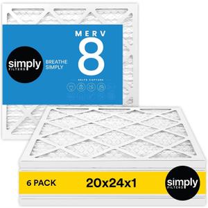Simply 20x24x1 Air Filter, Merv 8, 6 Pack, For Home AC Furnace & HVAC (Actual Size: 19.75"x23.75"x0.75") DUST, Pet, & Allergy Control