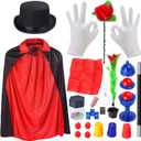 Magician Costume Accessories Pretend Play Dress Up Set Hat Cape Wand White Gloves Magic Tricks Games Toy for Kids (Black)