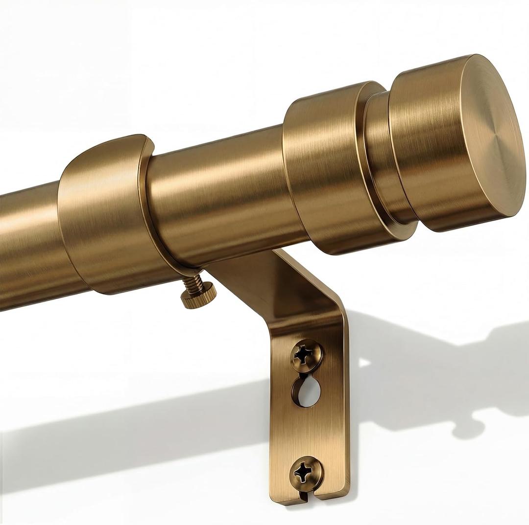 Warm Gold Curtain Rods with Solid Metal Finials 66 to 120 Inches Adjustable Heavy Duty 1 Inch Brass Curtain Rod for Windows, Modern Decorative Drapery Rods for Bedroom Kitchen Living Room